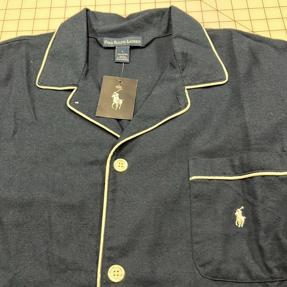 RALPH LAUREN NWT Men's Long SLV 1 Pocket Navy/White Trim Cotton Pajama Top SZ L - Picture 8 of 16